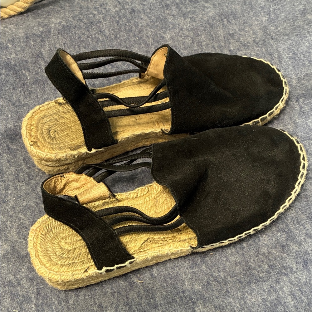 Black Espadrille Sandals. Leather upper. Size 6. Made in Spain